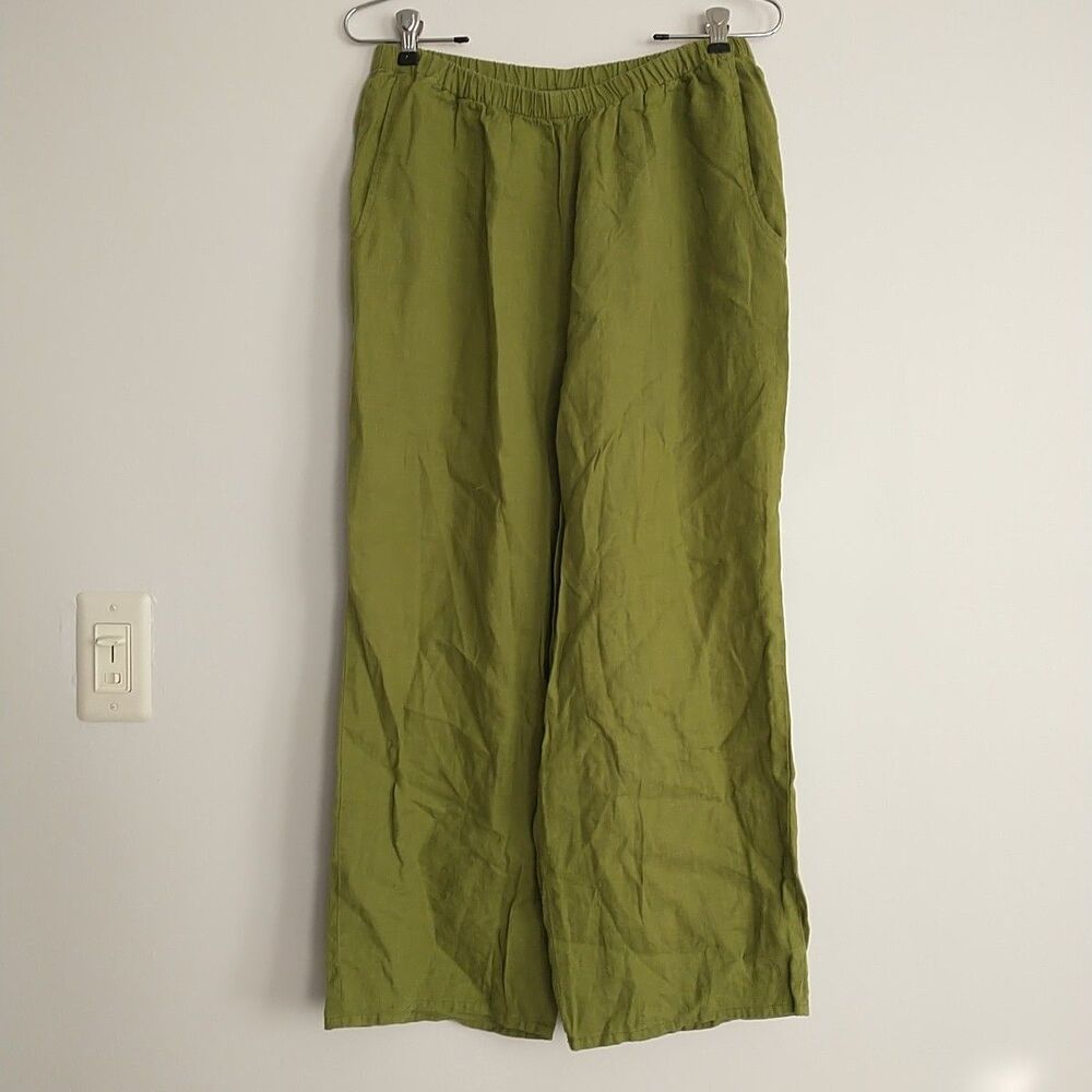 Flax Pull on Pants Womens S Green 100%Linen Wide Leg Pocket High Rise Lagenlook